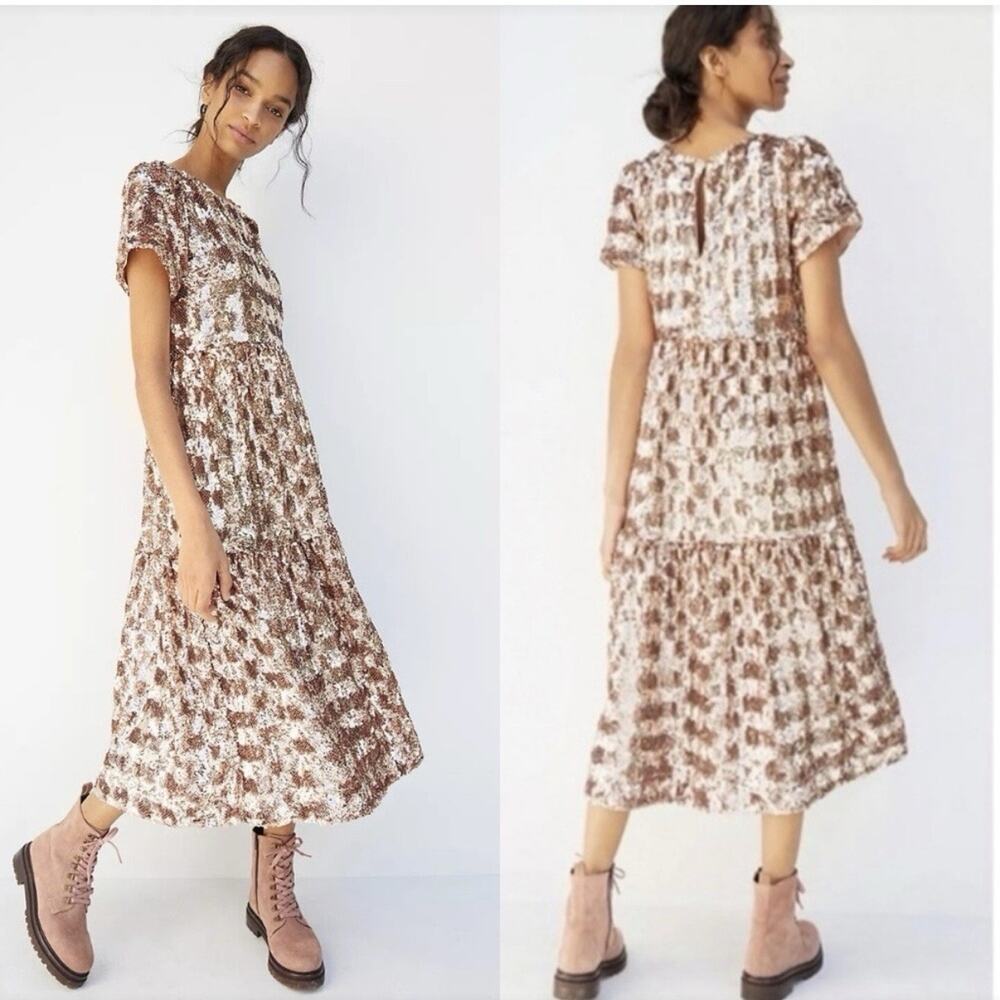 Maeve by Anthropologie Bernadette Tiered Sequin Midi Dress Rose Gold Size S